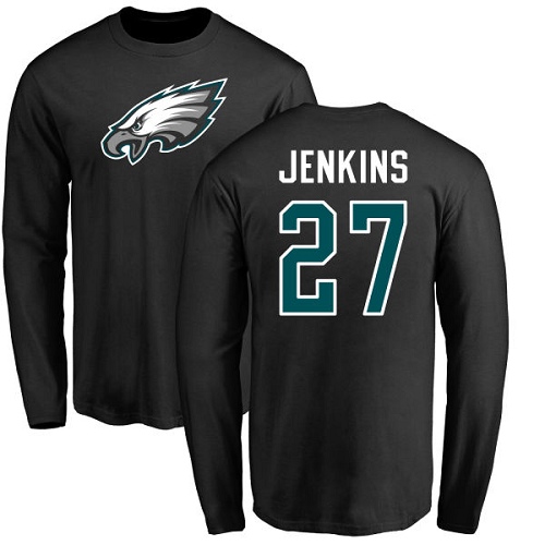 Men Philadelphia Eagles #27 Malcolm Jenkins Black Name and Number Logo Long Sleeve NFL T Shirt